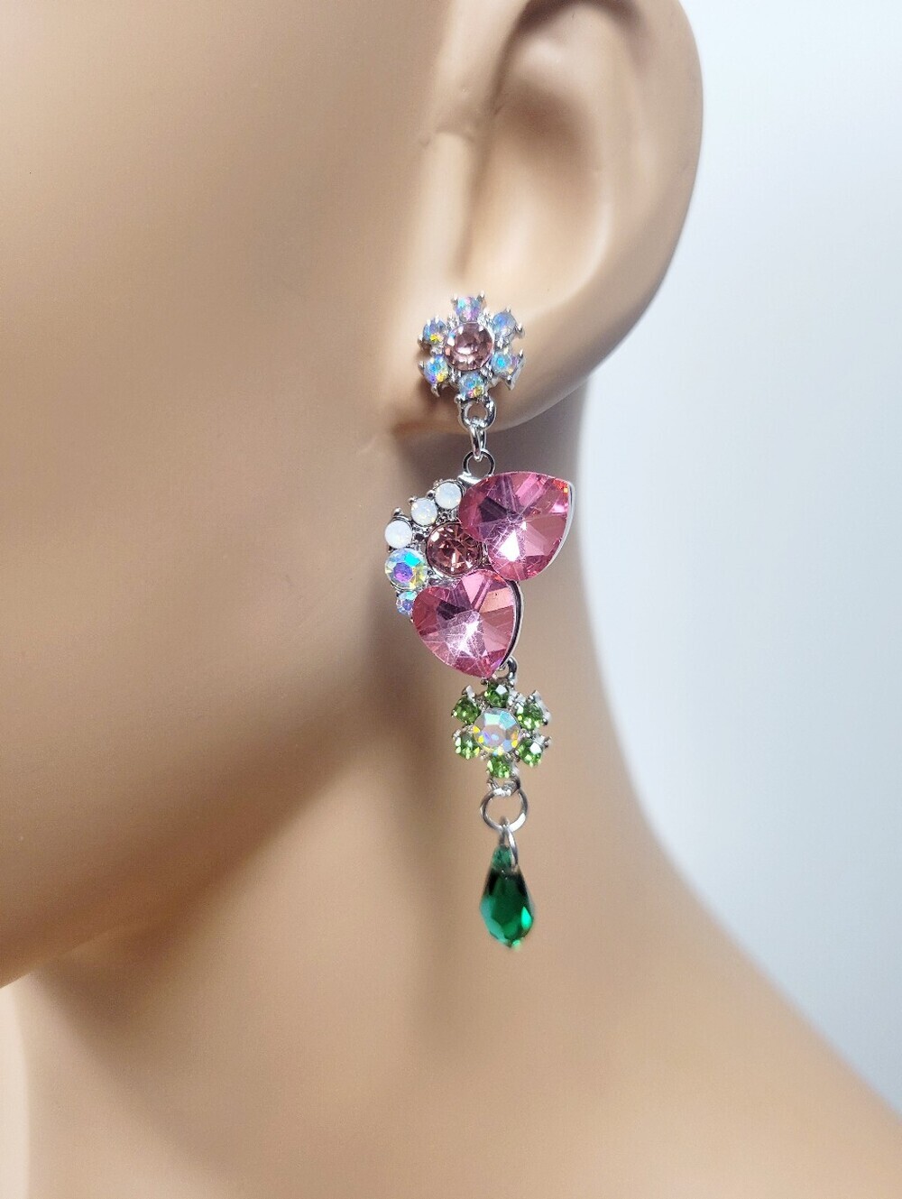 Brand New Silver Tone Green Rhinestone Pink Heart Dangle Earrings